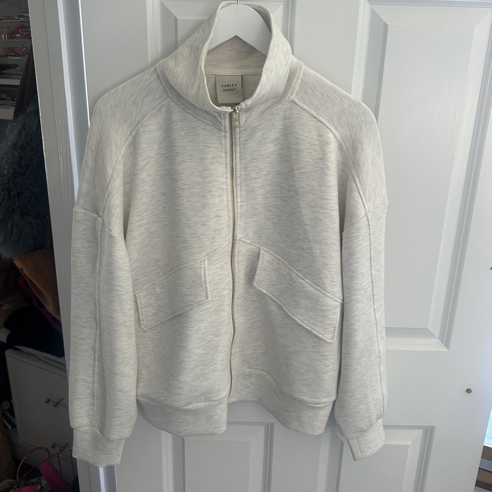 Varley Garcia Zip Through Sweat double brass zipper lite grey sweatshirt.